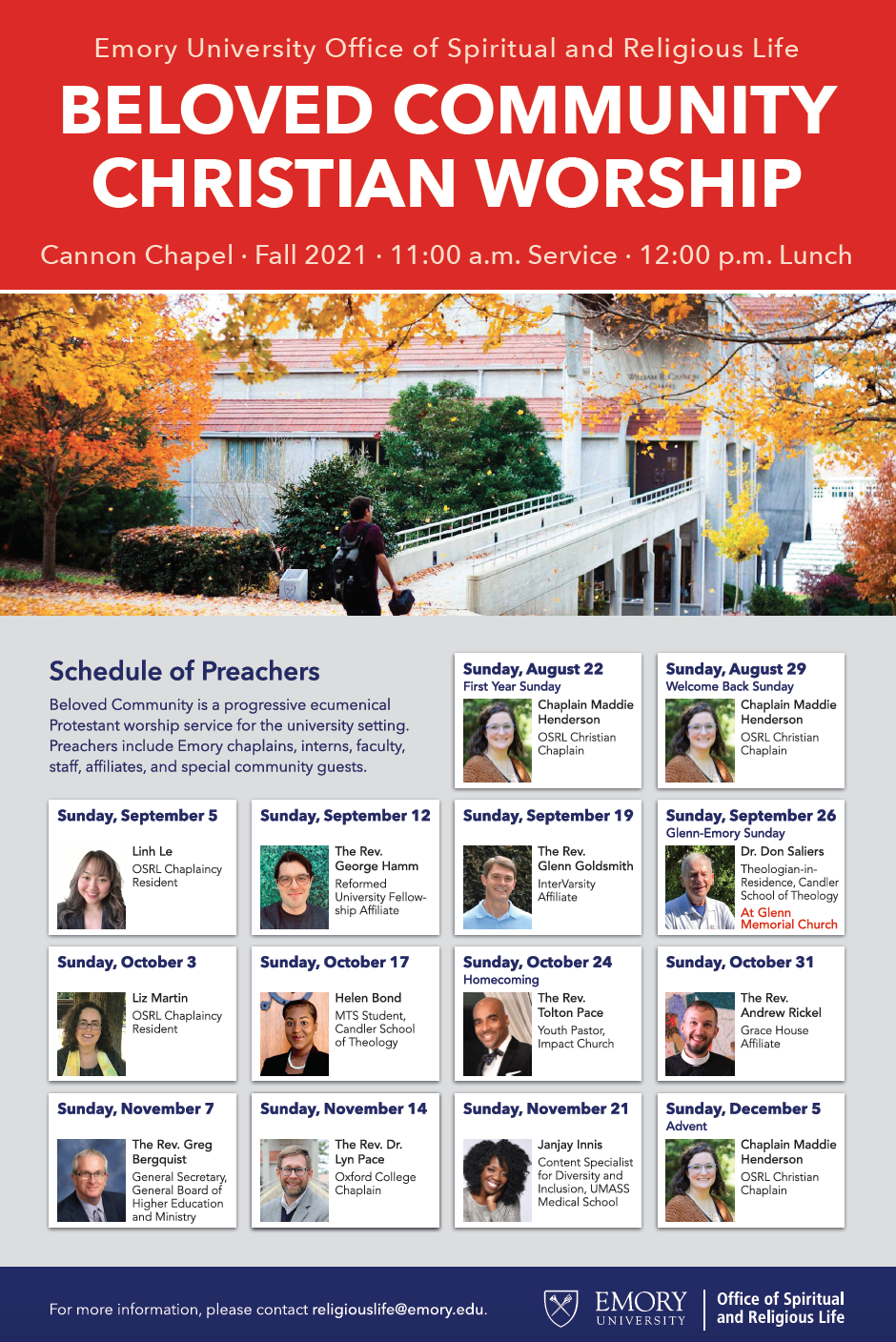 A poster of the beloved community worship's schedule of preachers
