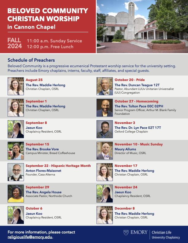 Poster of the beloved community christian worship at emory