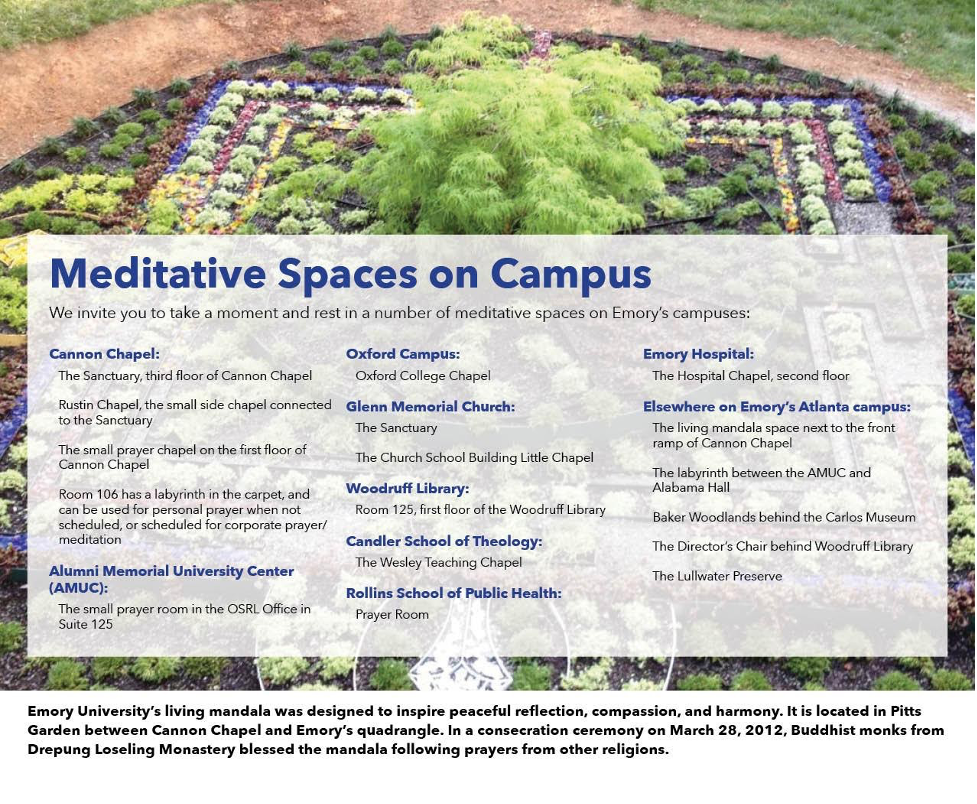 Image of a garden with a list of the meditate spaces on campus